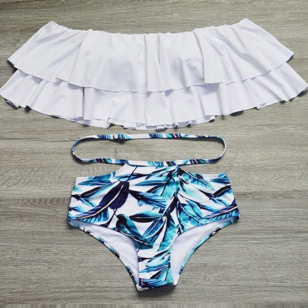 CLEARANCE Off Shoulder Ruffle Tropical Palm Leaf Bikini Suit - Picture 2 of 3